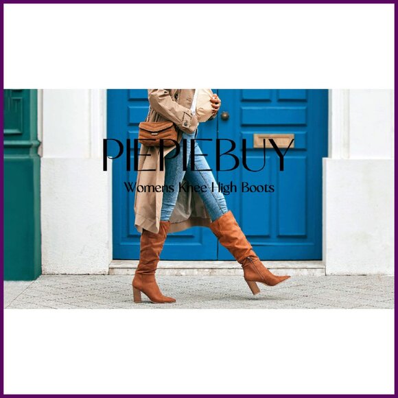 Women's Faux Suede Knee High Boots Pointed Toe Chunky Heel Side Zipper - Picture 8 of 8